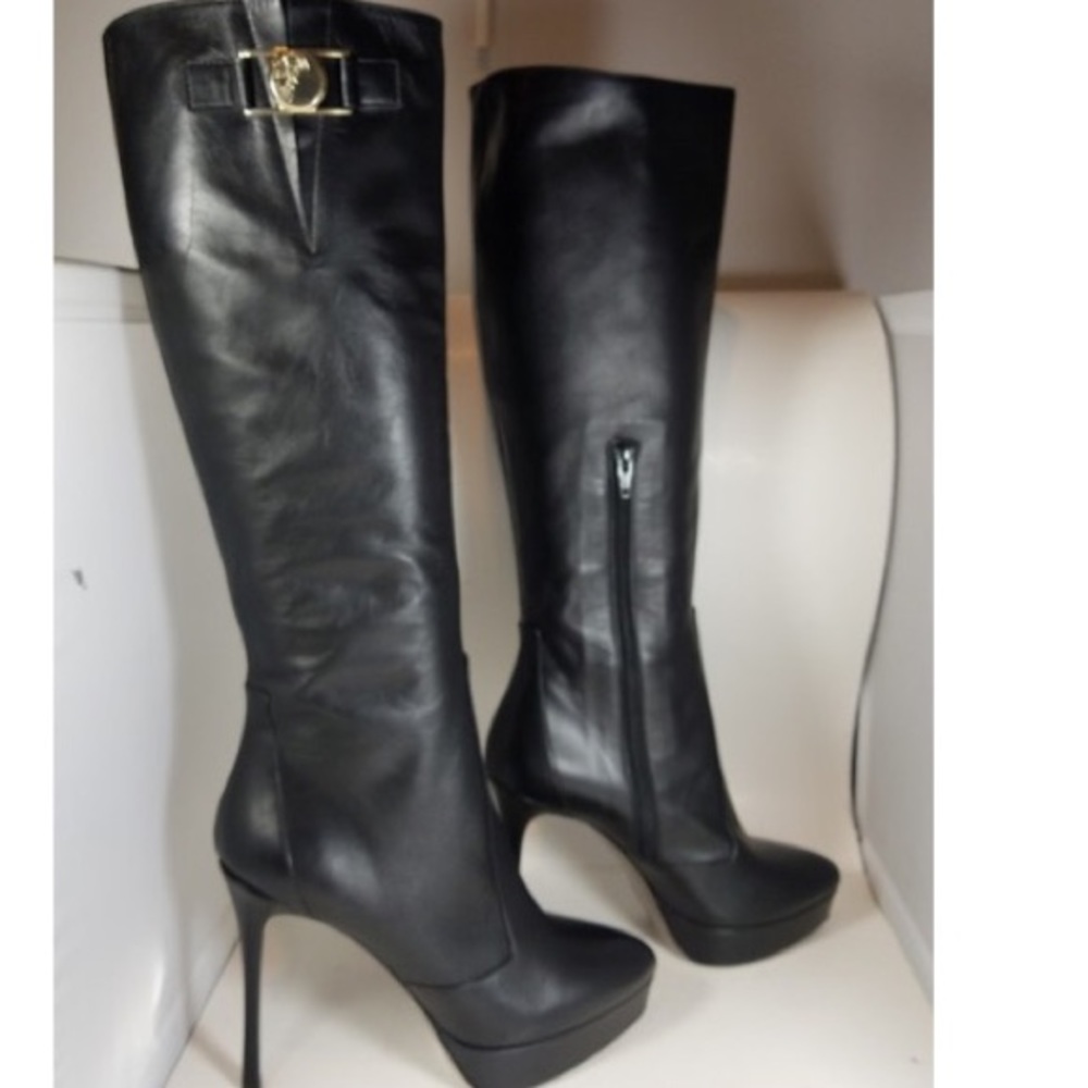 Versace black platform knee leather boot heel